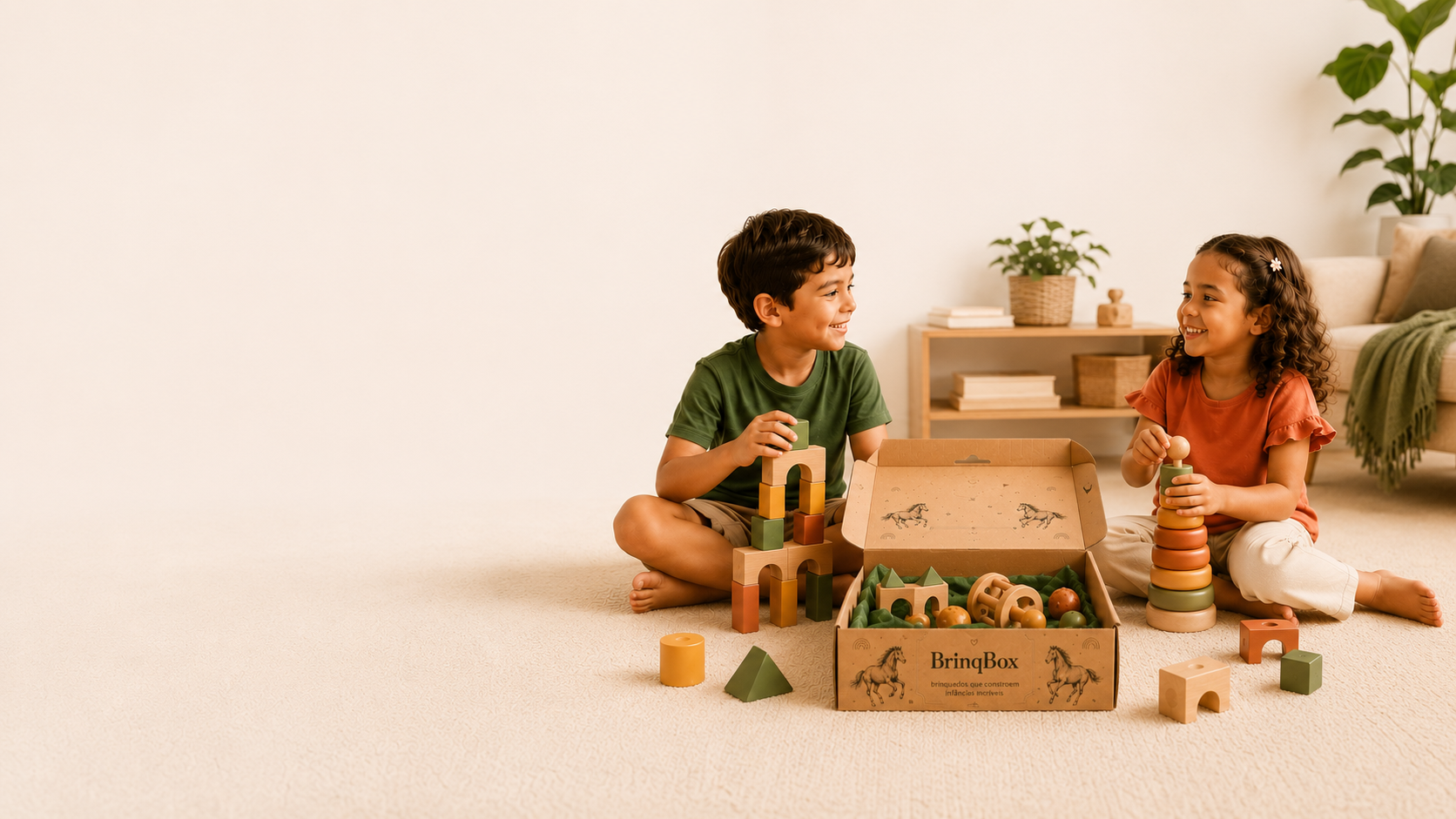 Irmãos brincando com os brinquedos de madeira da BrinqBox